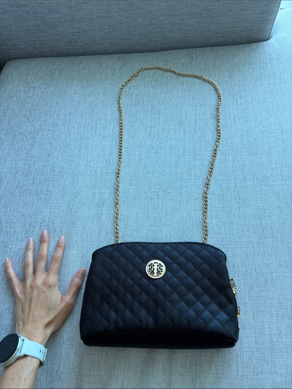NEW Quilted Black Crossbody Bag with Gold Logo Medallion